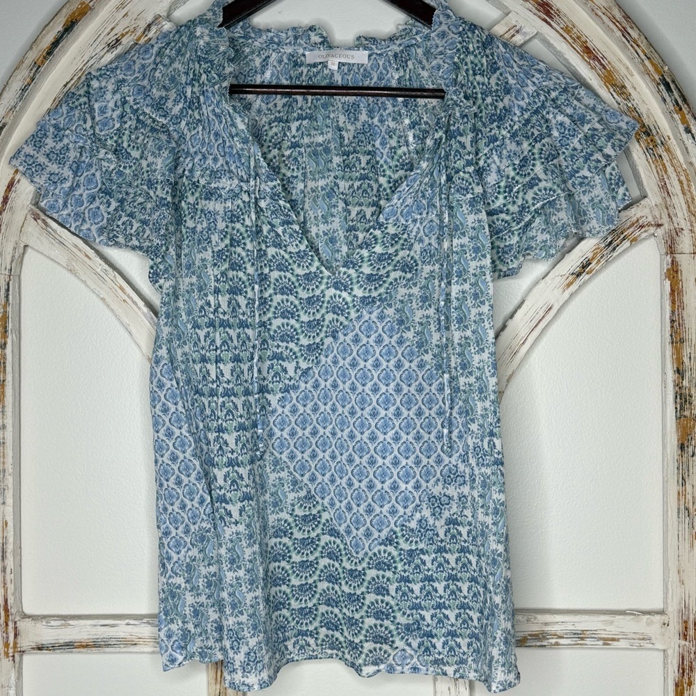 Olivaceous Blue and White Patterned Blouse